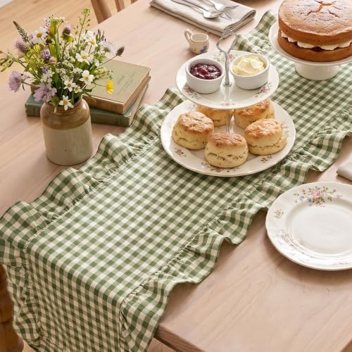 Artoid Mode Green Farmhouse Plaid Gingham Ruffle Table Runner, Seasonal Scalloped Spring Kitchen Dining Table Decoration for Home Party Decor 13x36 Inch - Image 4