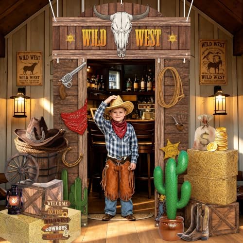 Fovths 15 Pcs Western Cowboy Rodeo Party Decoration Kit Trunk or Treat Car Decor Large Backdrop Hay Bales Boxes Inflatable Cactus Barrel Cardboard Photo Prop Decor for Western Birthday Theme Party - Image 6