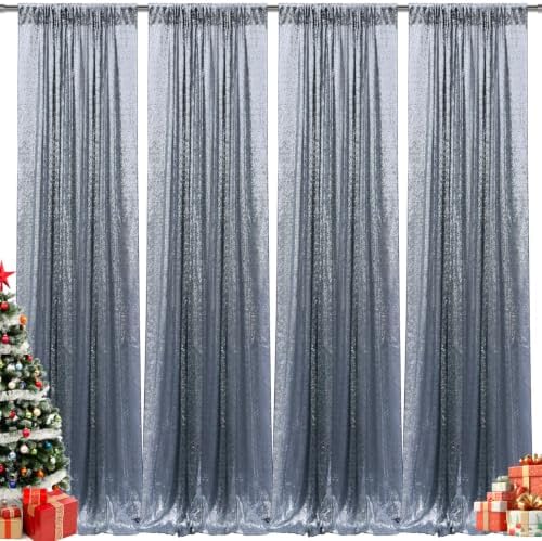 2×8FT-4PCS Black Silver Sequin Backdrop Curtains Panels, Photography Backdrop Glitter Curtains Fabric Background for Christmas Wedding Party Decor by Pufogu