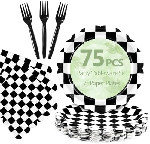 75 Pcs Black Checkered Paper Plates and Napkins&Forks for Party, 7inch by Mulbozy