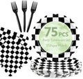 75 Pcs Black Checkered Paper Plates and Napkins&Forks for Party, 7inch by Mulbozy