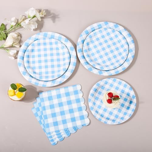 150 Pcs Light Blue Gingham Paper Plates and Napkins, Plaid Party Set - Image 6