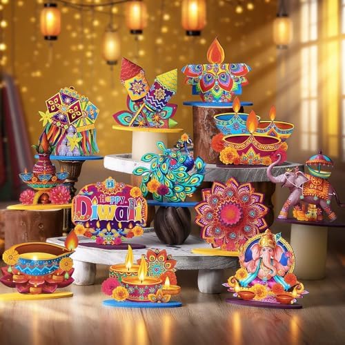 Wesiti 12 Pcs Diwali Table Decorations for Home, Wooden Diwali Centerpiece - Image 5