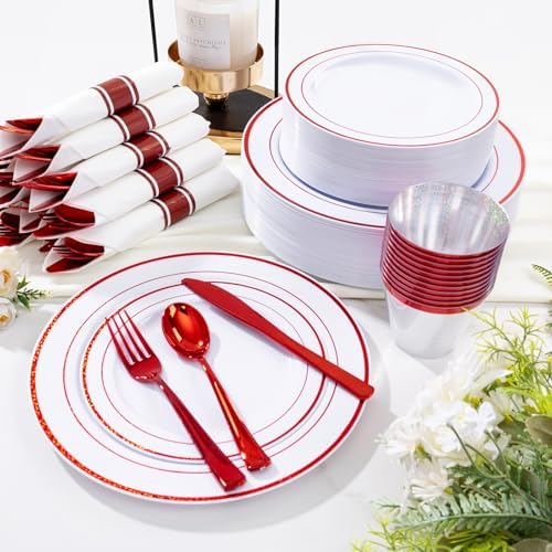 WELLIFE 350 Pcs Red Plastic Plates for 50 Guests - Plastic Dinnerware Set,Valentines Party Supplies Includes 100 Red Plates,150 Silverware,50 Napkins,50 Cups, Valentines Plates - Image 5