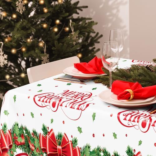 QZYL 2 Pack Christmas Tablecloths, 54" x 108" Xmas Plastic Table Cloth, Poinsettia Holly Bells Design Holiday Disposable Tablecover Rectangle Tablecloth, Christmas Decor Holiday Table Decorations - Image 4