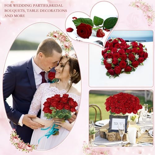 Hananona 100 Pcs Artificial Roses, Realistic Silk Red Flowers Bulk - Image 3