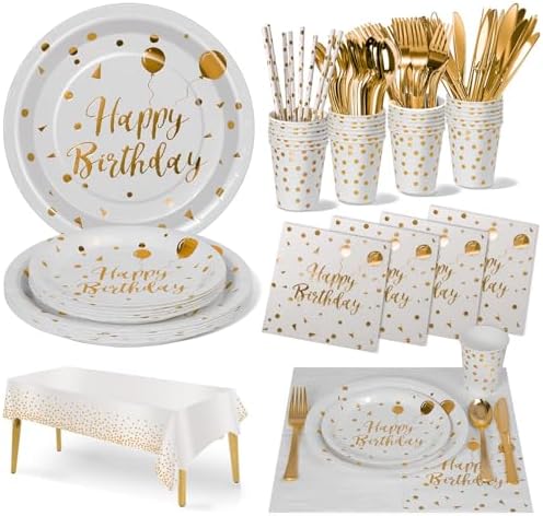 Nkaiso 161 Pcs White Gold Birthday Plates and Napkins Set -20 Serves by Nkaiso