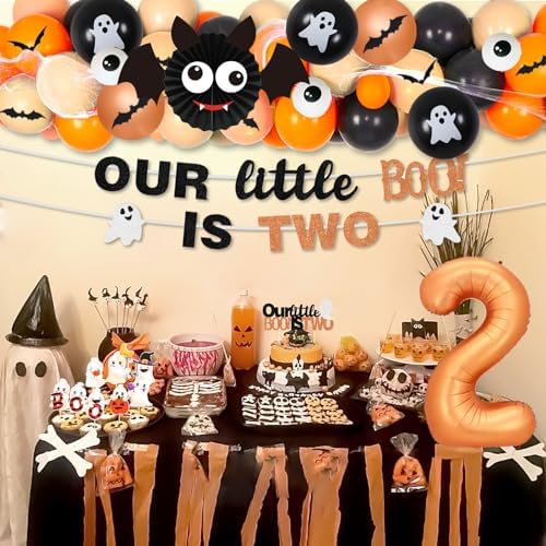 Our Little Boo Is Turning Two Decorations Halloween 2nd Birthday Two Spooky Orange Black Balloon Arch Number 2 Foil Balloon Banner Cake Cupcake Toppers Halloween Spider Decorations - Image 2