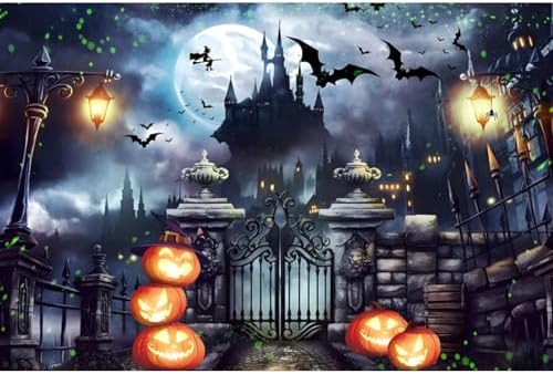 Halloween Castle Backdrop Stacked Pumpkins Lantern Iron Gate Vintage Vampire Street Lamp Flying Witch Bats Magic Full Moon Photography Background Photo Booth Studio Props 5x4ft by CRTPODHomeDecor