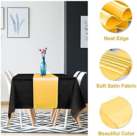 8Pack Disposable Plastic Tablecloths and Satin Table Runner Set Black Gold Dot Table Cloth Gold Satin Table Runner for Graduation Wedding Birthday Baby Shower Anniversary Holiday Party Decorations - Image 3