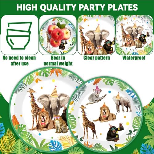 96Pcs Jungle Birthday Party Plates and Napkins Safari Animals Themed Party Decorations Jungle Theme Party Disposable Tableware Set for 24 Guests Wild Animals Gold Safari Zoo Birthday Favors Supplies - Image 3