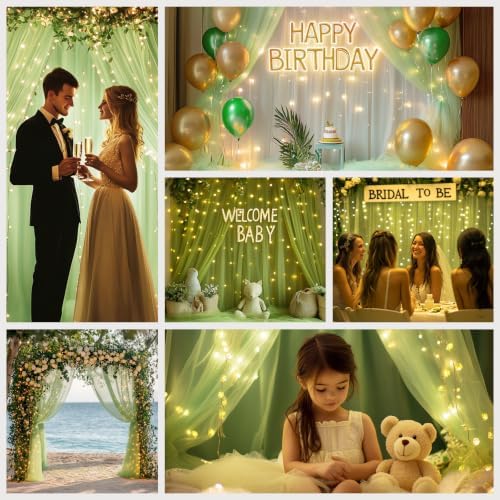 Sage Green Tulle Backdrop with Fairy Lights for Parites Wrinkle-Free Sheer Curtain Drapes Photo Back Drop for Wedding Baby Shower Bridal Shower Birthday Dance Home Décor- 10ft×8ft, Sage Green - Image 2