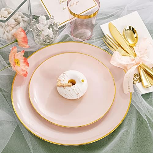 Rubtlamp 210Pcs Plastic Pink Plates with Gold Plastic Silverware Set Include 30Pink Dinner & 30 Dessert Plates, 90Gold Cutlery, 30Gold Cups, 30Napkins, Pink Dinnerware for Valentines&Mother's Day - Image 3
