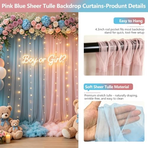 Pink Blue Sheer Tulle Backdrop Curtains with Lights String for Gender Reveal Baby Shower Decorations for Boy or Girl Birthday Party Photo Shoot Backdrop Background Decorations 2 Panels 5×10ft - Image 3