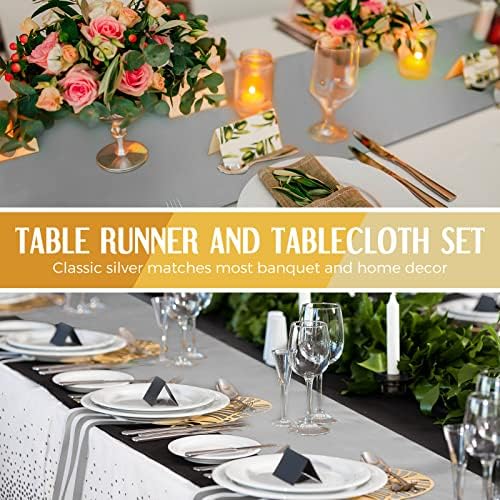 Breling 24 Pack White and Silver Disposable Tablecloth and Table Runner Set - Image 5