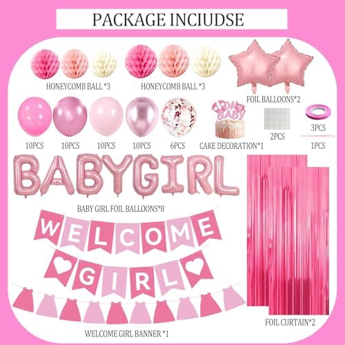 Pink Baby Shower Decorations- Girls Shower Decor Set with- Welcome Baby Banner, Clothes Banner, Fringe Curtains, Cake Topper, Honeycomb Ball, Dusty Pink Balloon and Aluminum foil Balloons (Girl) - Image 2