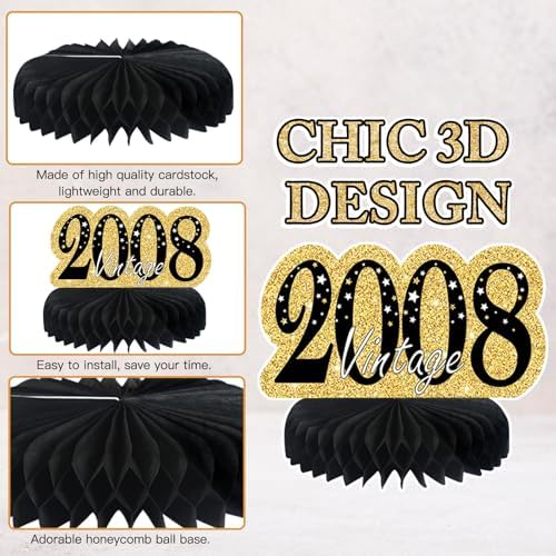 9Pcs Black Gold 18th Birthday Decorations Honeycomb Centerpieces for Boys Girls,Happy 18th Birthday Centerpieces Tables Toppers Party Decorations Supplies,Vintage 2008 Aged Table Sign Decor - Image 3