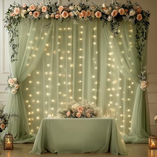 Wish Care 20x10FT Green Wrinkle Free Backdrop Curtains with Lights String for Parties - Photo Curtain Backdrop with Lights for Wedding Decorations, Bridal Baby Shower Birthday Party Photography - Image 6