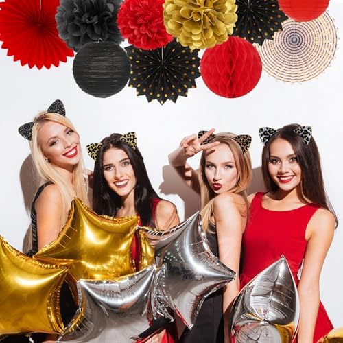 Red-Black Gold Casino Theme Party-Decorations - 20pcs Game Night Paper Lanterns Fans,Tissue Pom Poms,Honeycomb Balls,Bunting,Birthday Graduation Wedding Bridal Baby Shower Decor Burgleda - Image 7