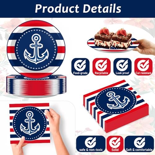 gisgfim 50 Guests Nautical Anchor Party Supplies Anchor Theme Plates and Napkins Plastic Forks Sailor Boat Ship Tableware Nautical Paper Plates for Baby Shower Birthday Party Boys Girls Kids 200PCS - Image 3