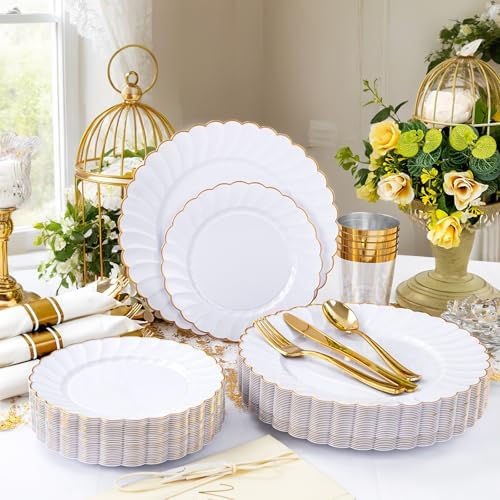 YOUBET 350PCS White and Gold Scalloped Plastic Plates for Wedding Party - Image 5