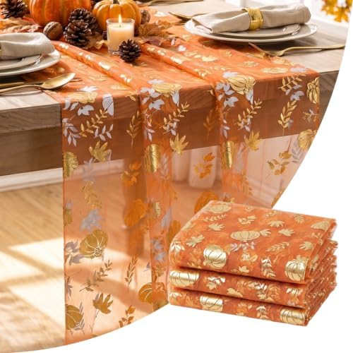 Artoid Mode 3-Pack Fall Gauze Table Runner 120 Inch, Metallic Foil Leaves by ArtoidMode