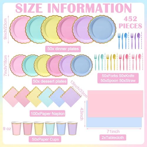 Vesici 452 Pcs Pastel Party Supplies Set for 50 Guests, 6 Colors - Image 3