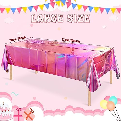 1 Pack Iridescent Pink Plastic Tablecloths, FunnyPars Shiny Disposable Laser Rectangle Table Covers, Holographic Foil Tablecloth Iridescent Party Decorations for Kpop Birthday Wedding Xmas, 54x108Inch - Image 2