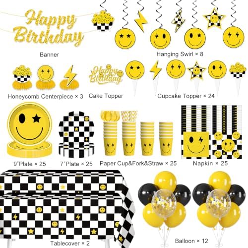 197Pcs Smiley Face Birthday Decorations Tableware Set, 20 Serves - Image 2