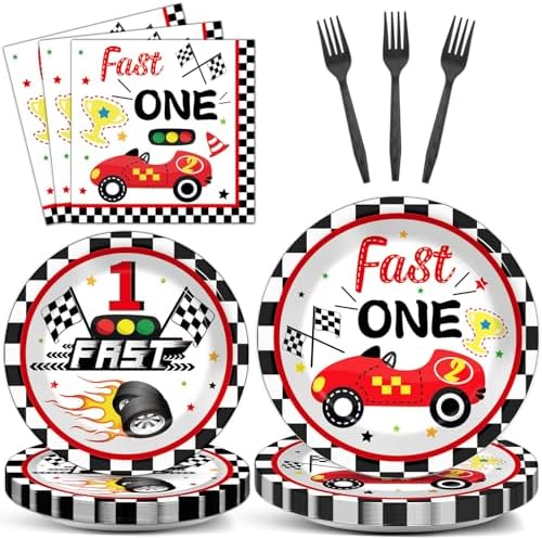 Fast One Birthday Decorations for Boys Racing Car 1st Birthday Party Supplies Fast One Plates Napkins Forks Checked Race Car Disposable Paper Plates Tableware Set for Kids Favors Serve 25 by Qyeahkj
