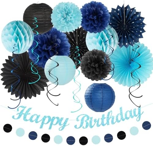 Light-Royal Navy-Blue Black Birthday Party-decorations - 21pcs Boys Men Happy Banner,Paper Streamers Lanterns Honeycomb,Tissue Pom Poms Fan,Adult Supplies Decor 16th 20th 40th 45th 50th 60th Huglony by Huglony