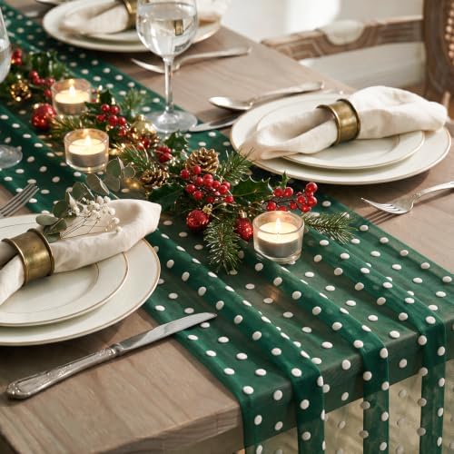 Artoid Mode Green Gauze White Flocking Dots Table Runner 10FT, Christmas Sheer Dining Table Decor for Wedding Anniversary Holiday Birthday Home Party - Image 4