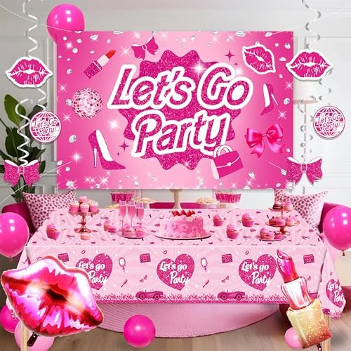 Hot Pink Party Decorations For Girls,Banner,Pink Balloons,Tablecloth,Paper pom poms Party Supplies for Women - Image 3