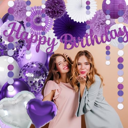 Purple Birthday Decorations for Women Girls,Happy Banner,Lilac Paper Lanterns Tissue Pom Poms Flower Fan,Purple White Balloon Décor For 40th 50th Anniversary Princess Backdrop Party Supplies - Image 6