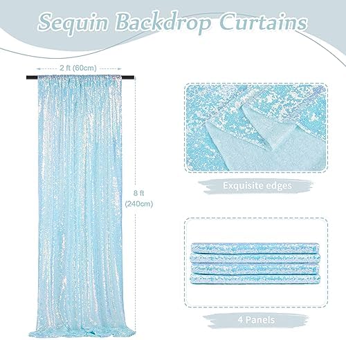 Sequin Backdrop Curtains 4 Pieces 2ftx8ft Mermaid Blue Sparkly Background Fabric for Under The Sea Little Mermaid Birthday Party - Image 3