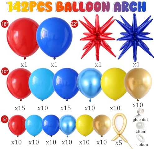 142 Pcs Red Blue Yellow Cartoon Hedgehog Balloon Arch Kit,Gold Circle Twisting Balloons with Exploding Star Foil Balloons for Video Game Theme Birthday Party Carnival Circus Baby Shower Decorations - Image 2
