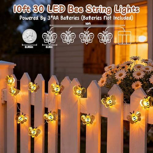 Coquimbo Bee Decorations String Lights, 10ft 30 LED Cute Honeybee Fairy Lights Battery Operated, Gifts for Women Girls Boys Kids, Room Decor for Bedroom Plants Patio Party Wedding Party Xmas - Image 2