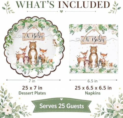 50 Pcs Woodland Baby Shower Plates and Napkins, 7 Inch Forest Animal Set - Image 2