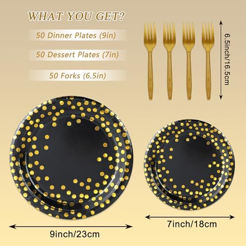 150 Pcs Black and Gold Paper Plates Party Supplies,Serves 50 Guests 7" 9" Black Gold Plates and Gold Plastic Forks,Disposable Paper Tableware Set for Graduation Retirement Decorations - Image 2