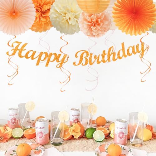 Orange-Peach Beige First Happy-Birthday Party-Decorations - 31pcs 20th Women Girls Bohemian Groovy Paper Lanterns Streamers Banner,Tissue Pom Poms Decor,Fall Boho Fans Tassels Graland Backdrop Hugmoon - Image 2