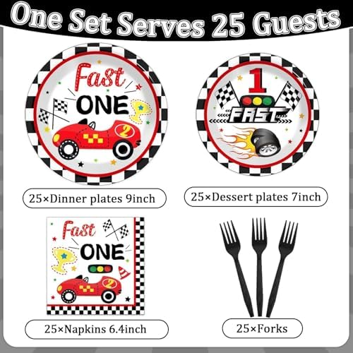 Fast One Birthday Decorations for Boys Racing Car 1st Birthday Party Supplies Fast One Plates Napkins Forks Checked Race Car Disposable Paper Plates Tableware Set for Kids Favors Serve 25 - Image 2