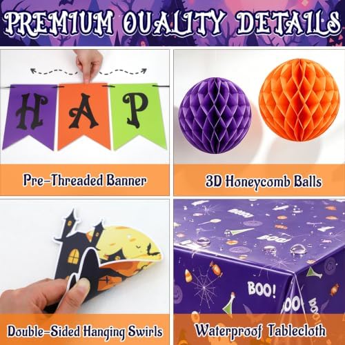 Halloween Birthday Party Decorations - Pre-strung Halloween Decorations Includes Happy Birthday Banner Tablecloth Circle Garland Hanging Swirls Honeycomb Balls for Spooky Themed Decor - Image 5