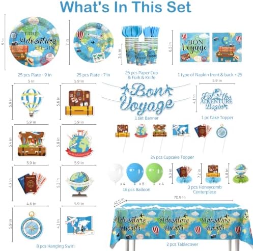 205pcs Bon Voyage Party Decorations Tableware Set, for 25 Guests - Image 2
