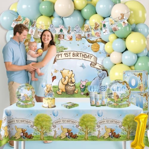 Classic Bear 1st Birthday Decorations Balloon Arch Kit and Plates Set - Image 7