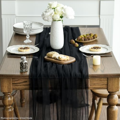 Artoid Mode 3PCS Black Gauze Table Runner 120 Inch 10FT, Seasonal Sheer Kitchen Dining Holiday Wedding Birthday Baby Shower Table Decor for Home Party - Image 3
