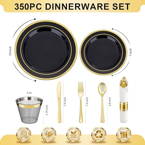 BESTVIP 350 Piece Black Gold Dinnerware Set for 50 Guests - Image 5