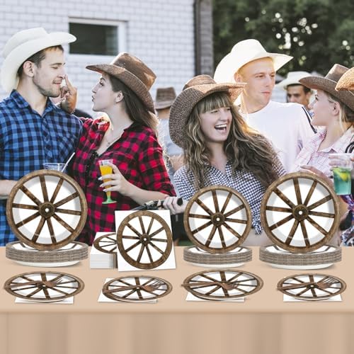 96Pcs Western Cowboy Party Paper Plates and Napkins for Western Party Supplies Wooden Wagon Wheels Themed Paper Dessert Plates Tableware Set for Kids Boys 24 Guests Birthday Party Decoration - Image 5
