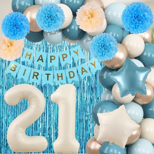 Dusty Blue 21st Birthday Party Decorations Boys Beige Number 21 Balloon - Image 5