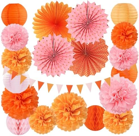 Pink-Orange Groovy Party-Decorations - 20pcs Fall Autumn Thanksgiving Harvest Paper Streamers Lanterns Fans,Tissue Pom Poms,Honeycomb Balls,Bunting,Birthday Baby Bridal Shower Wedding Decor Burgleda by Burgleda