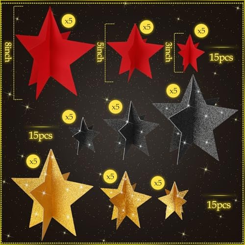 Sinload 45 Piece 3D Glitter Star Centerpieces Red Black Gold Party Decor - Image 2